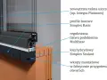 Przekrój okna pokazujący montaż: glif okienny z taśmą uszczelniającą, profile bazowe Simplex Basic, listwę podokienną Multibase, klej Simplex Sealant i wkręty.