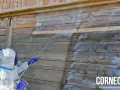 Osoba w kombinezonie ochronnym opryskuje drewnianą ścianę, pokazując, czym zabezpieczyć drewno przed szkodnikami.