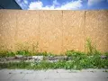 Płyta OSB na zewnątrz, otoczona dziką zielenią i fragmentami gruzu, tworzy tymczasowe ogrodzenie.
