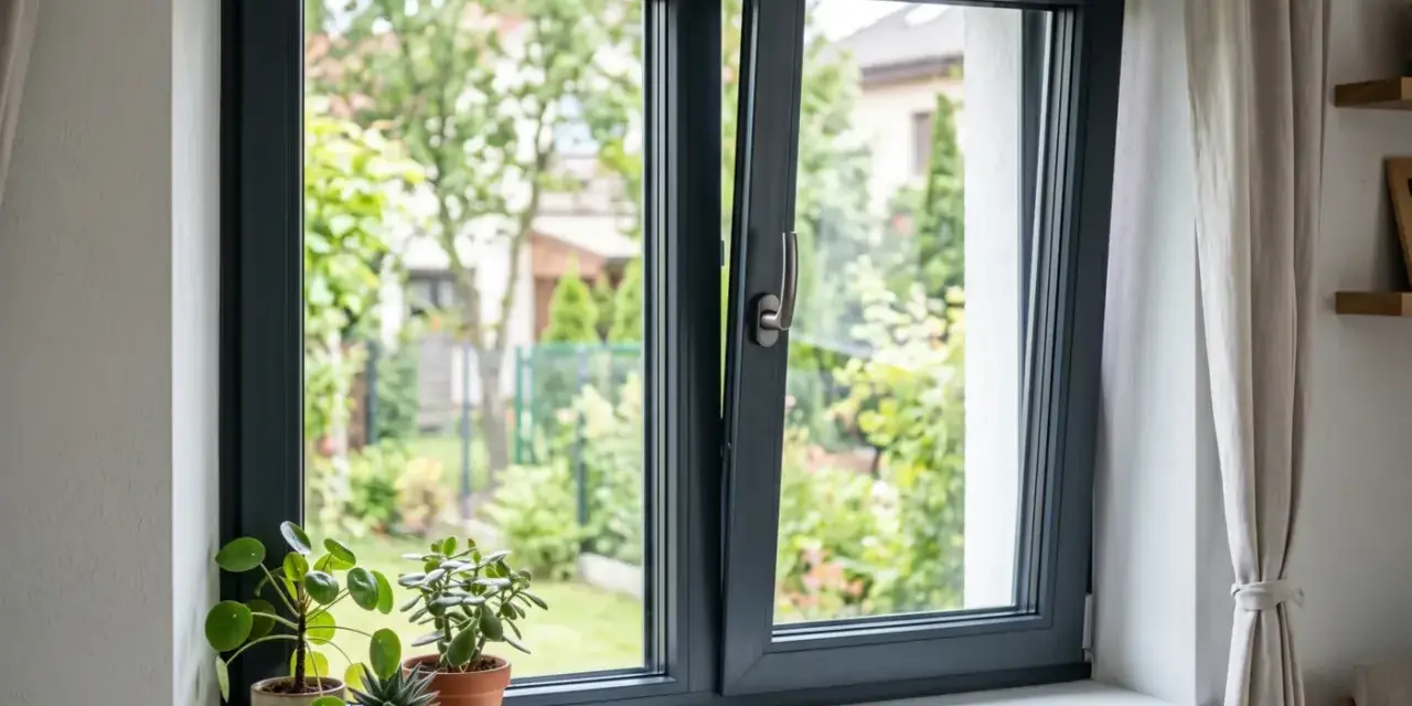 Nowoczesne okno z widokiem na zielony ogród, z roślinami na parapecie.