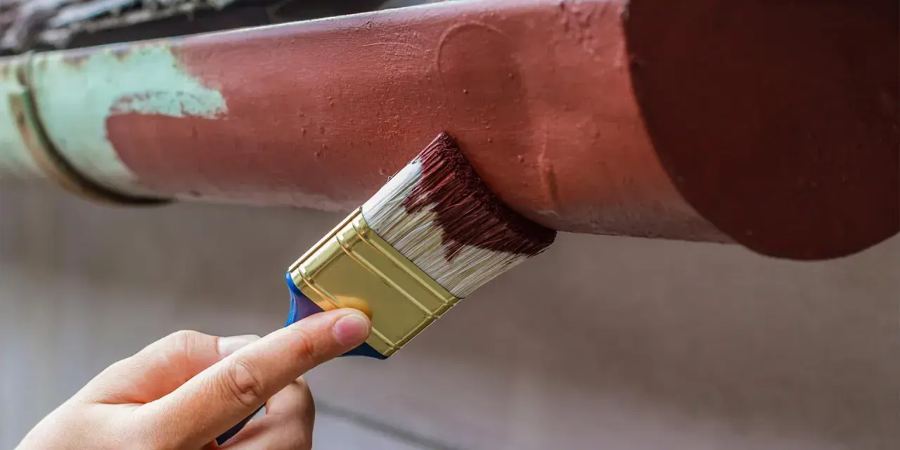 Ręka maluje pędzlem rynienkę aluminiową na brązowo. Odpowiedź na pytanie: czym pomalować aluminium.