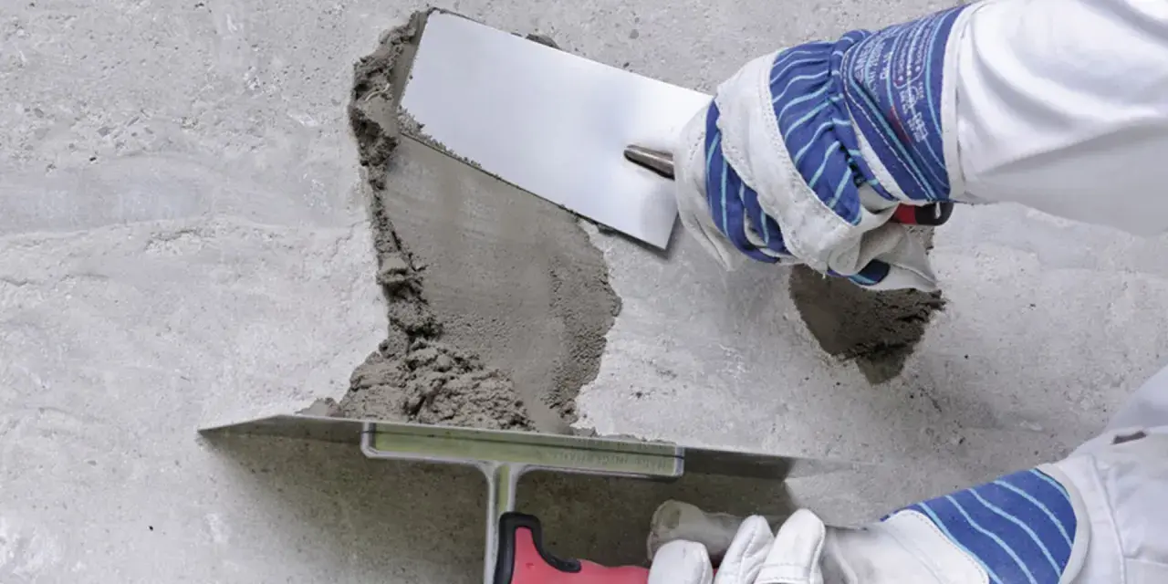 Naprawa betonu na zewnątrz. Ręce w rękawicach nakładają zaprawę kielnią na uszkodzony fragment ściany.