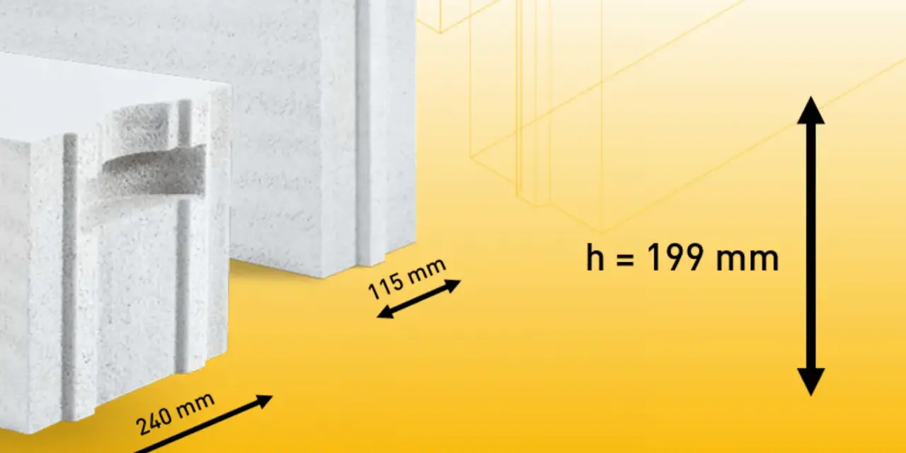 Ytong bloczek z widocznymi wymiarami: 240 mm, 115 mm i wysokością 199 mm.