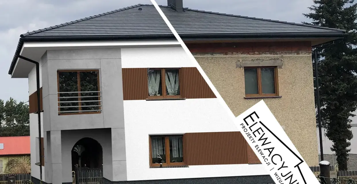 Nowy, nowoczesny wygląd domu po malowaniu elewacji. Stara, zniszczona ściana kontrastuje z odnowioną fasadą.