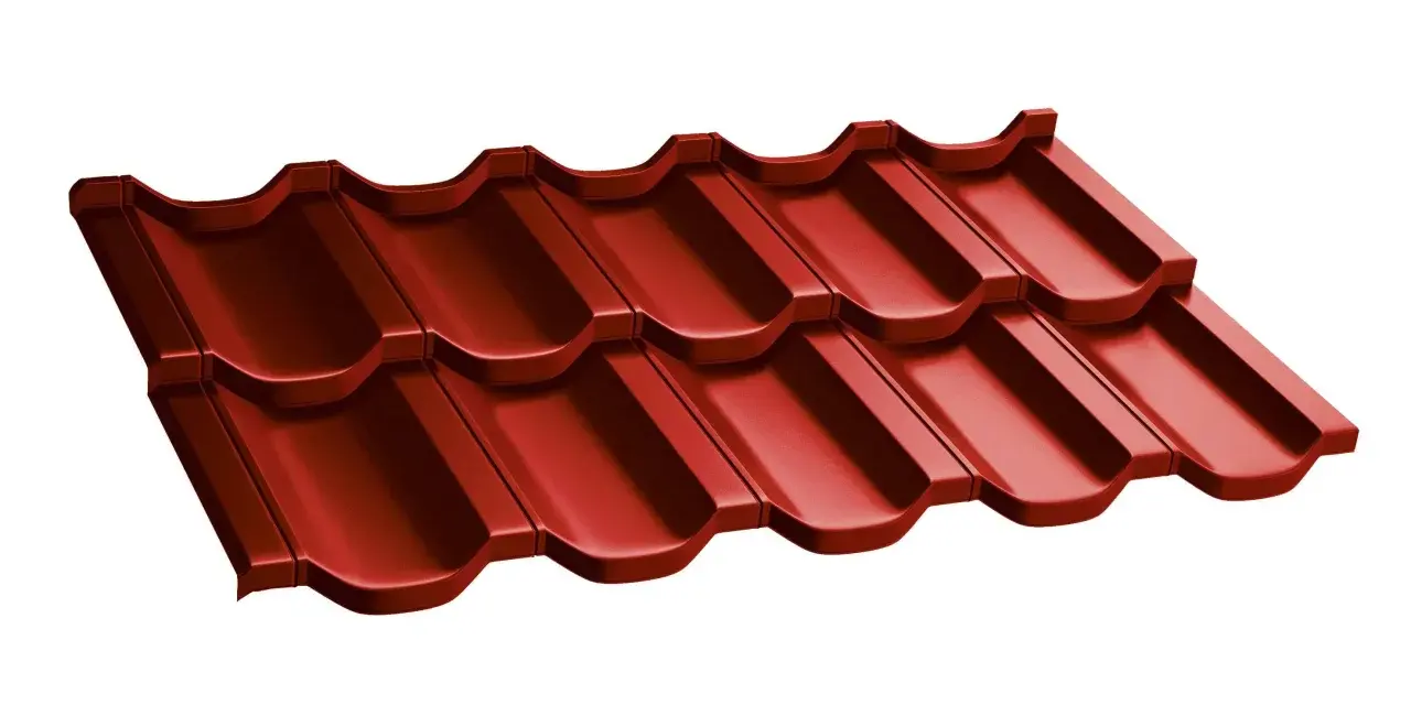 Dachówka modułowa w kolorze ral czerwony, imitująca tradycyjną dachówkę ceramiczną, nadaje budynkowi ciepły i przytulny wygląd.