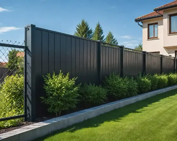 Nowoczesne ogrodzenie w kolorze głębokiej czerni, RAL 9005, otacza zadbany trawnik i krzewy. Obok widać fragment domu.