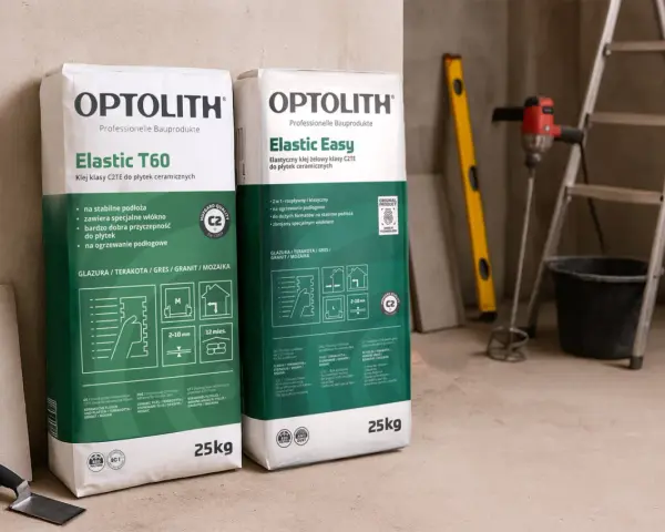 Dwa worki kleju do płytek OPTOLITH Elastic T60 i Elastic Easy. Jaki klej do płytek wybrać? Oba to elastyczne kleje klasy C2TE.