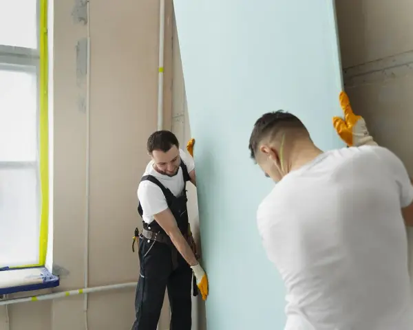 Dwóch budowlańców w rękawiczkach montuje dużą, jasnoniebieską płytę gipsowo-kartonową. Prace przy łączeniu płyt gk postępują sprawnie.