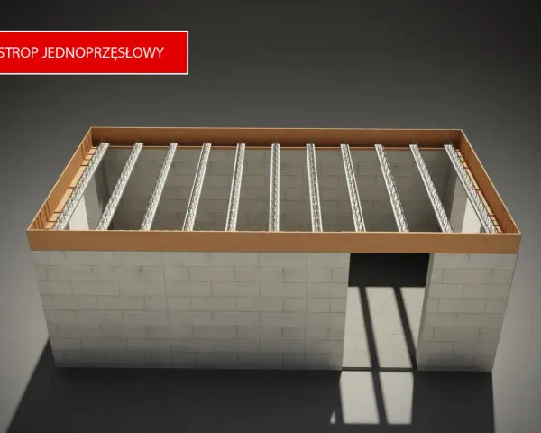 Model stropu jednoprzęsłowego z belkami i szalunkiem.