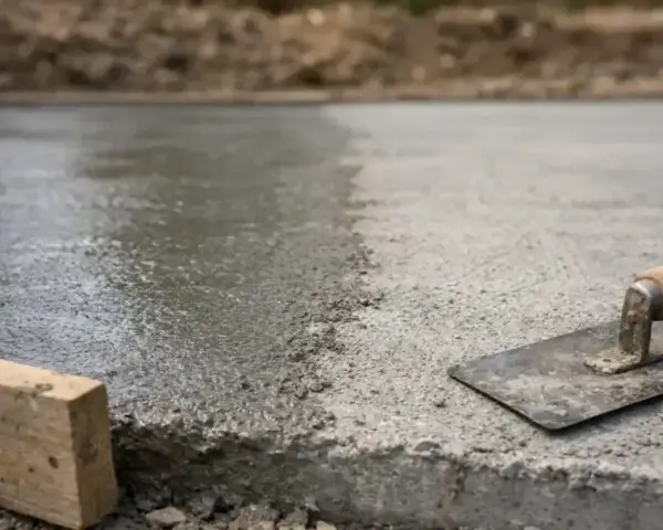 Świeżo wylany, mokry beton czeka na wykończenie. Narzędzia budowlane, jak kielnia i drewniany krawężnik, sugerują szybki postęp prac.