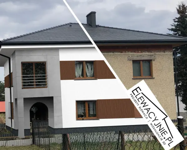 Nowy, nowoczesny wygląd domu po malowaniu elewacji. Stara, zniszczona ściana kontrastuje z odnowioną fasadą.