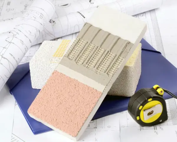 Próbki materiałów budowlanych, plany i miarka na tle dokumentacji technicznej.
