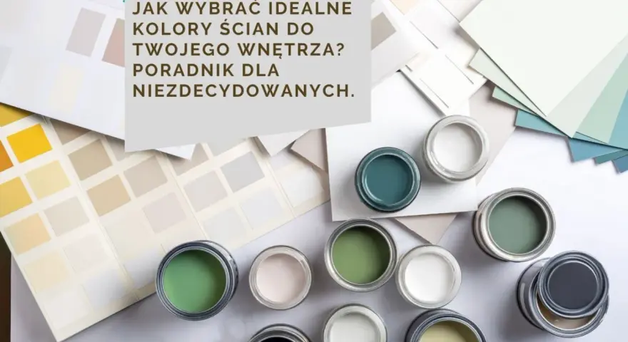 Próbki kolorów i puszki z farbami do ścian. Różne rodzaje farb do ścian, od jasnych beżów po głębokie zielenie i błękity, pomagają wybrać idealne odcienie.