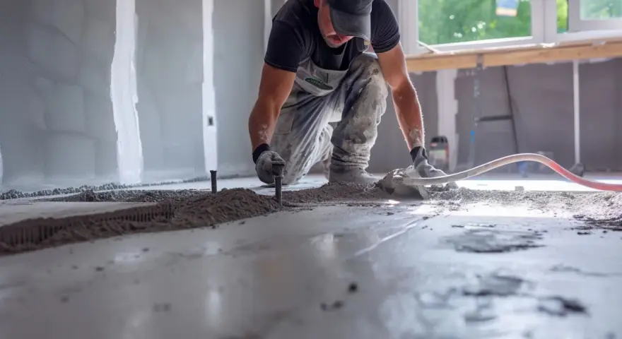 Budowlaniec wylewa betonową wylewkę, wyrównując ją ręcznie.