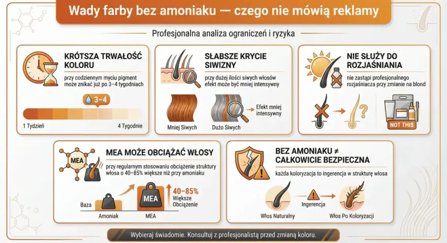 Wady farb bez amoniaku: krótsza trwałość koloru, słabsze krycie siwizny, nie służą do rozjaśniania, MEA obciąża włosy. MEA to nie to samo co amoniak.