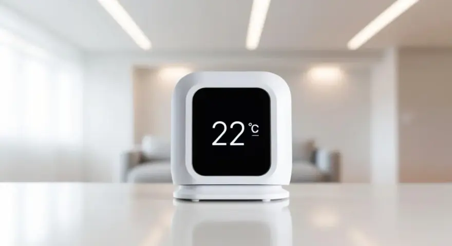 Nowoczesny termometr pokazuje 22°C. Urządzenie pomaga monitorować temperaturę, co jest kluczowe dla oceny współczynnika przenikania ciepła w domu.