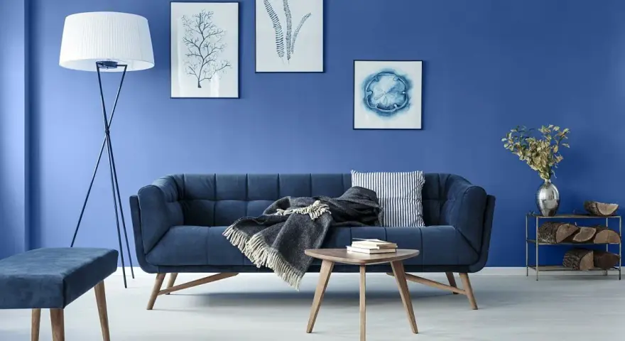 Niebieska sofa z szarym kocem i książkami na stoliku. Na ścianie obrazy z motywami roślinnymi i morskim.