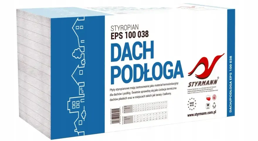 Paczka styropianu 5 z napisem "DACH PODŁOGA" i logo Styrmann. Idealna do izolacji termicznej dachów i podłóg.