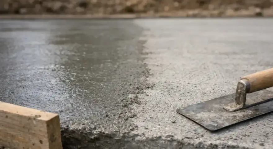 Świeżo wylany, mokry beton czeka na wykończenie. Narzędzia budowlane, jak kielnia i drewniany krawężnik, sugerują szybki postęp prac.