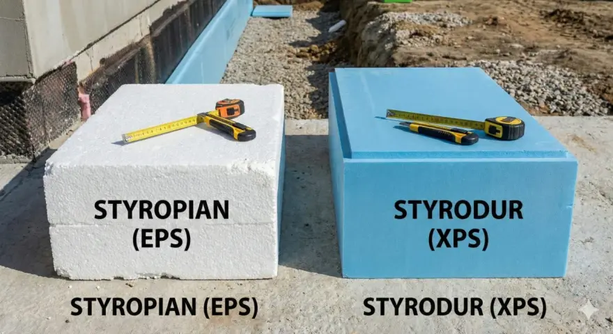 Porównanie styropianu (EPS) i styroduru (XPS) na podłogę. Oba materiały izolacyjne, biały i niebieski, leżą obok siebie z miarką i nożem.