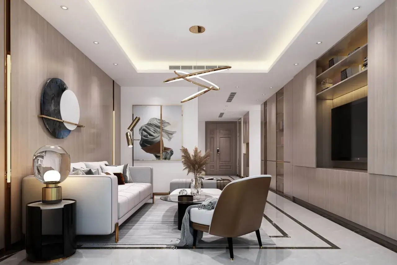 Nowoczesny salon z designerskim sufitem, w którym wbudowano oświetlenie. W centralnym punkcie wisi złota lampa.