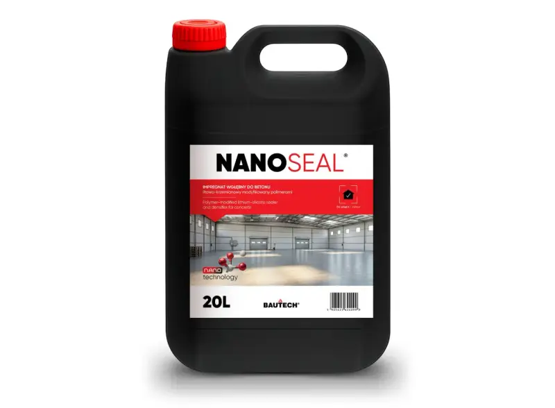 Czarny kanister z preparatem NANOSEAL do impregnacji betonu. Produkt zapewnia ochronę i wzmocnienie posadzek przemysłowych.